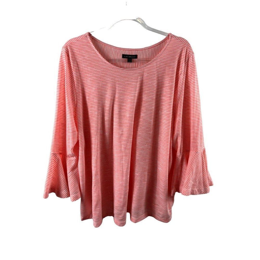 Lane Bryant Striped Bell Sleeves Shirt Top Size 22/24 Orange White Casual Work